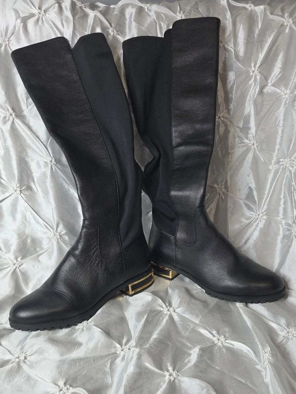 Michael Kors Black Over-the-Knee Leather Boots with Gold Heel Accent